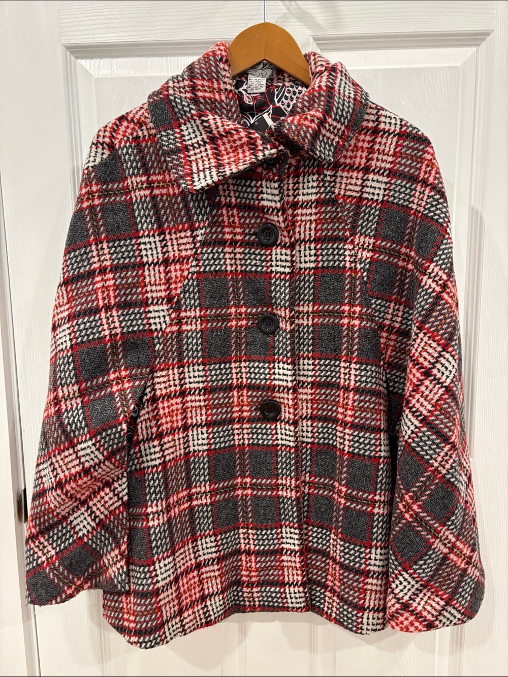 Steve Madden Red, Gray and White Plaid Short Cape Poncho with Owl Lining
